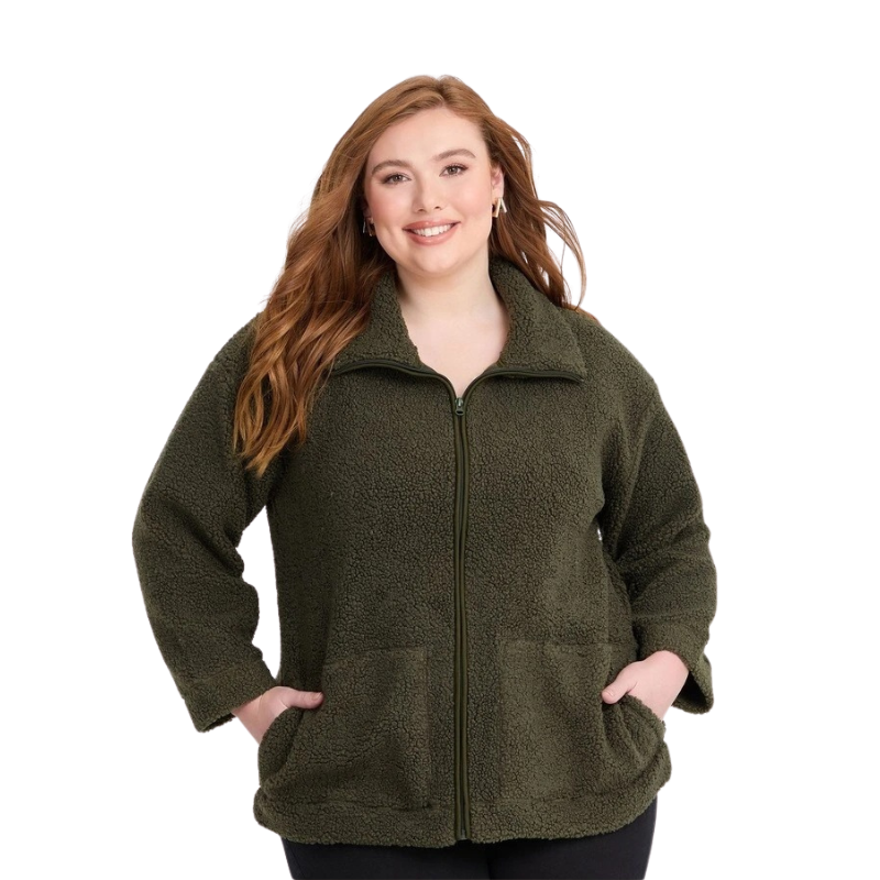 Taking Shape Teddy Zip Through Jacket in Olive – plus size women’s cosy teddy coat with zip front and high neckline