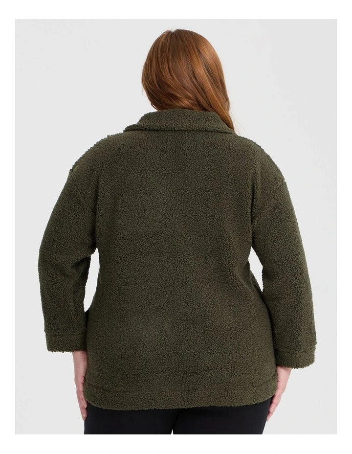 Taking Shape Teddy Zip Through Jacket in Olive – plus size women’s cosy teddy coat with zip front and high neckline
