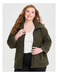 Taking Shape Teddy Zip Through Jacket in Olive – plus size women’s cosy teddy coat with zip front and high neckline