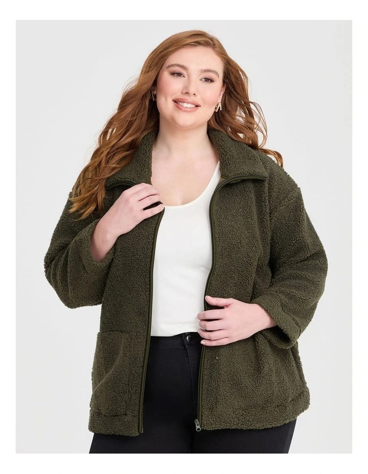 Taking Shape Teddy Zip Through Jacket in Olive – plus size women’s cosy teddy coat with zip front and high neckline