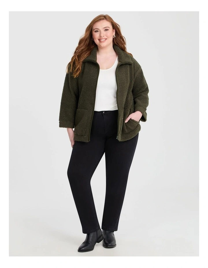 Taking Shape Teddy Zip Through Jacket in Olive – plus size women’s cosy teddy coat with zip front and high neckline