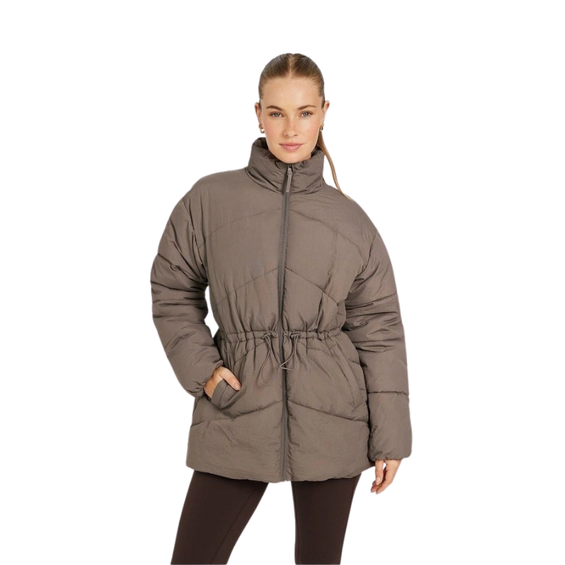Rockwear Longline Puffer Jacket in Brown, women's full-length puffer jacket with side pockets, padded insulation, and elastic toggle waist for a flattering fit.