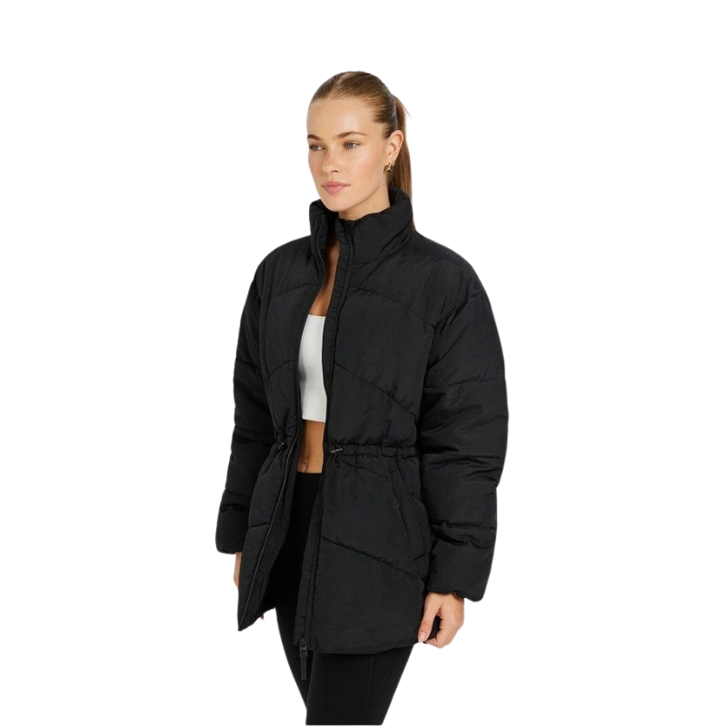 Rockwear Longline Puffer Jacket in Black, women's padded jacket with side phone pockets and a flattering cinched waist for warmth and style.