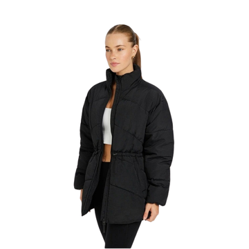 Rockwear Longline Puffer Jacket in Black, women's padded jacket with side phone pockets and a flattering cinched waist for warmth and style.