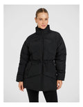Rockwear Longline Puffer Jacket in Black, women's padded jacket with side phone pockets and a flattering cinched waist for warmth and style.