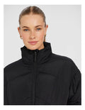 Rockwear Longline Puffer Jacket in Black, women's padded jacket with side phone pockets and a flattering cinched waist for warmth and style.