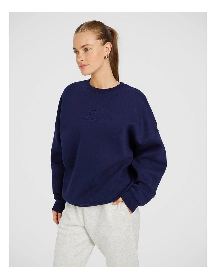 Rockwear Cosy Fleece Longline Crew in Blue, offering warmth and comfort for active women.