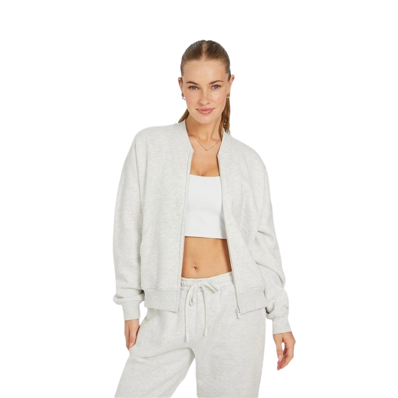 Rockwear Cosy Fleece Bomber in Light Grey Marle, women's full-length fleece jacket with relaxed fit and front pockets for comfort and style.