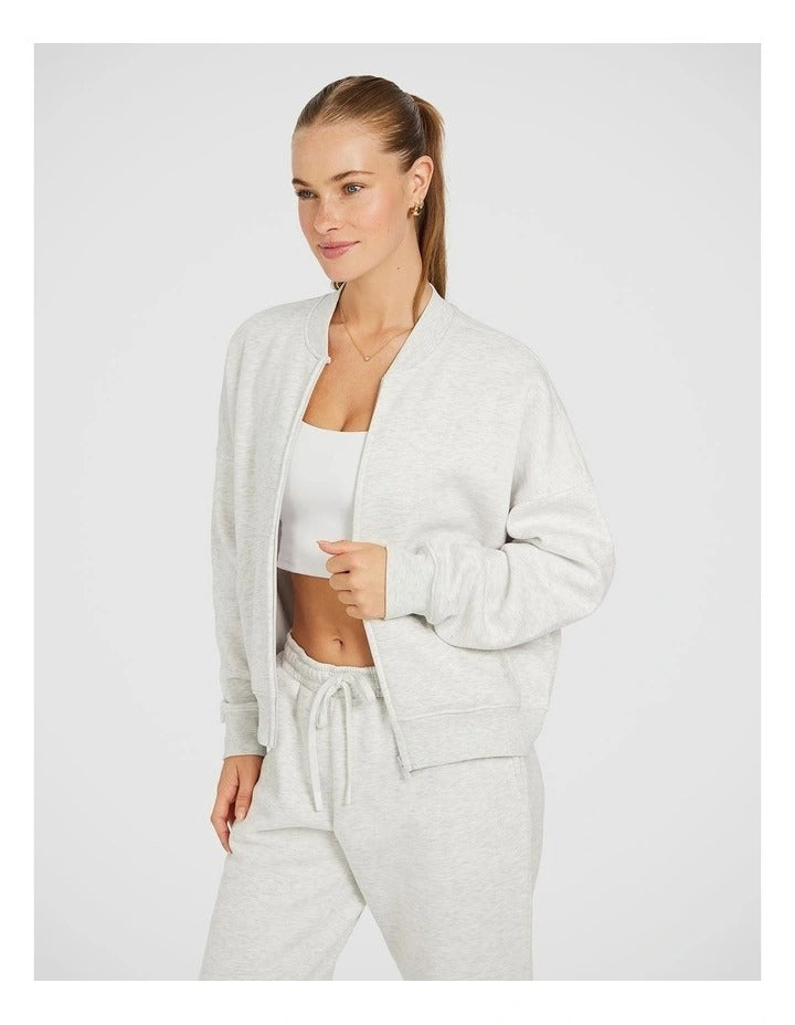 Rockwear Cosy Fleece Bomber in Light Grey Marle, women's full-length fleece jacket with relaxed fit and front pockets for comfort and style.