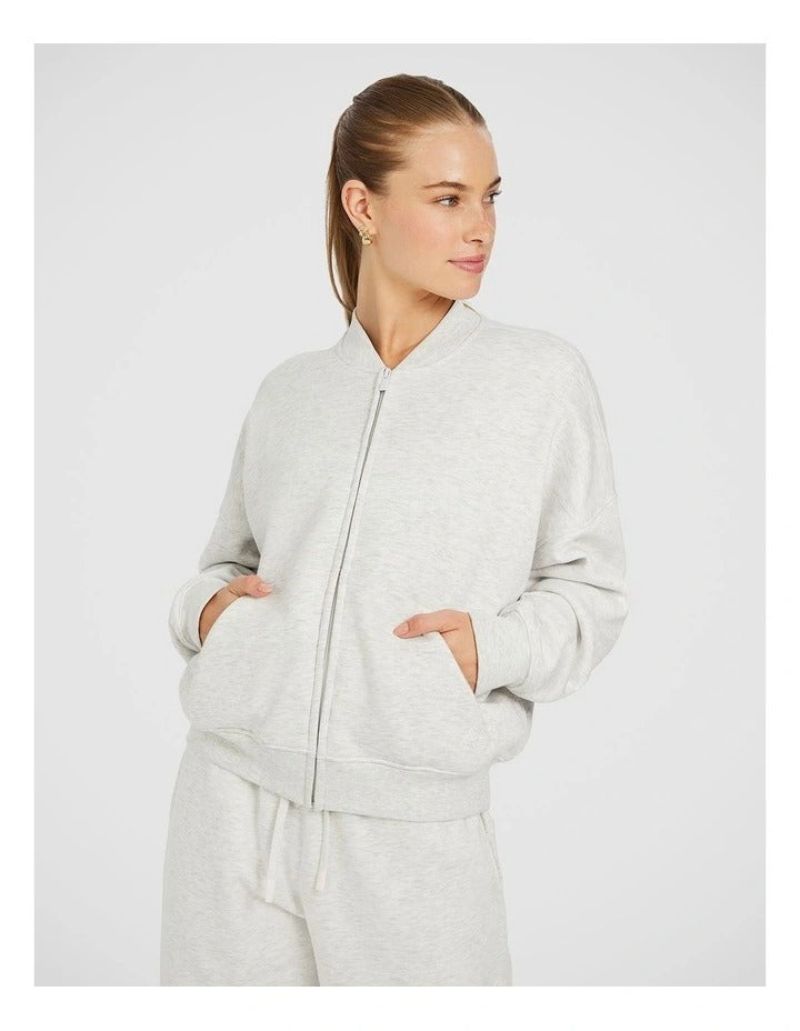 Rockwear Cosy Fleece Bomber in Light Grey Marle, women's full-length fleece jacket with relaxed fit and front pockets for comfort and style.