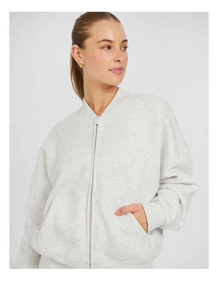 Rockwear Cosy Fleece Bomber in Light Grey Marle, women's full-length fleece jacket with relaxed fit and front pockets for comfort and style.