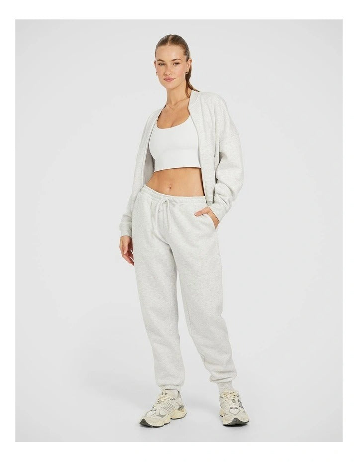 Rockwear Cosy Fleece Bomber in Light Grey Marle, women's full-length fleece jacket with relaxed fit and front pockets for comfort and style.