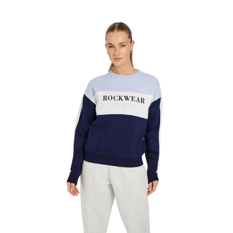 Rockwear Cosy Fleece Blocked Crew in Assorted, women’s colour-blocked fleece crew sweater, designed for comfort and warmth with a relaxed fit and full length.