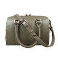 Beige genuine leather barrel shoulder bag with adjustable strap, minimalist design, and premium handcrafted finish.