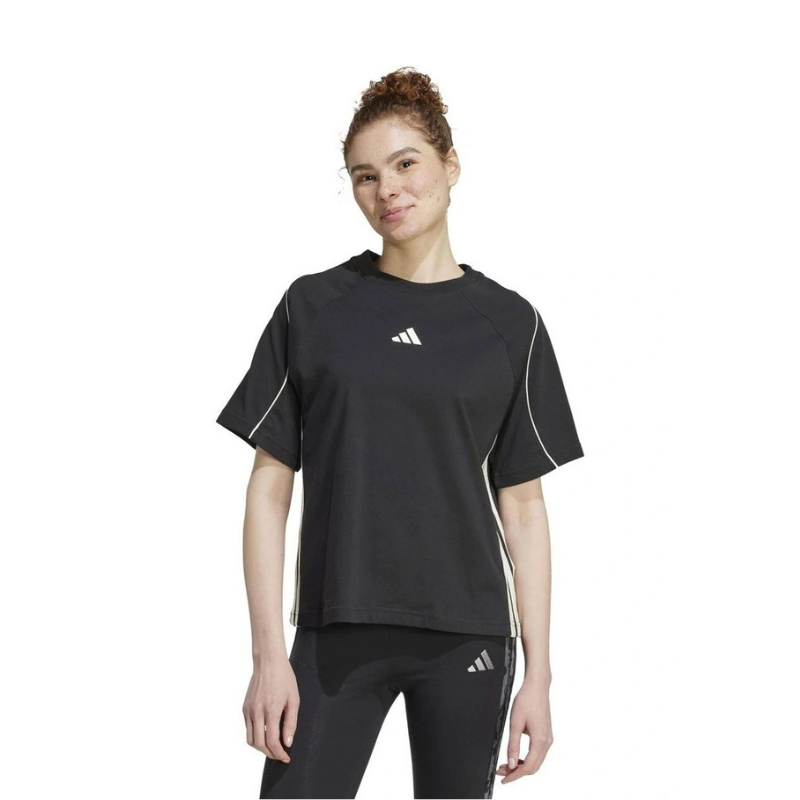 Adidas Stadium Stripes T-shirt in Black with 3-Stripes detail, loose fit, and soft cotton jersey fabric
