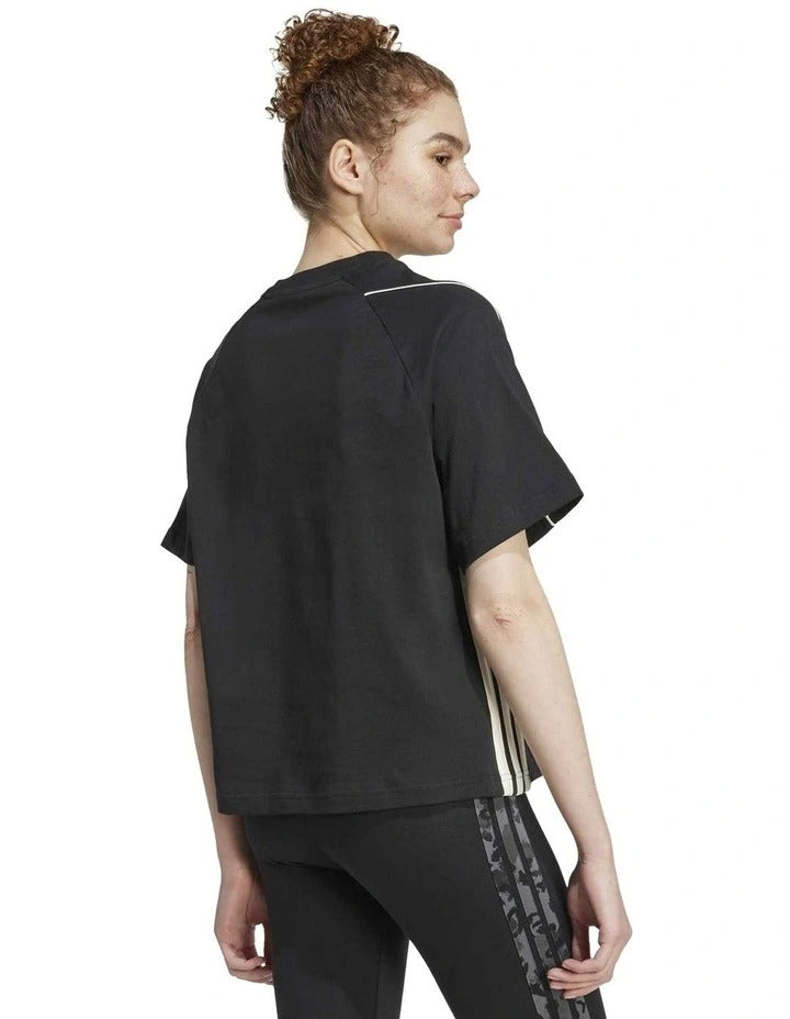 Adidas Stadium Stripes T-shirt in Black with 3-Stripes detail, loose fit, and soft cotton jersey fabric
