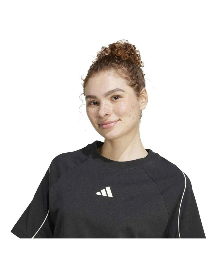 Adidas Stadium Stripes T-shirt in Black with 3-Stripes detail, loose fit, and soft cotton jersey fabric