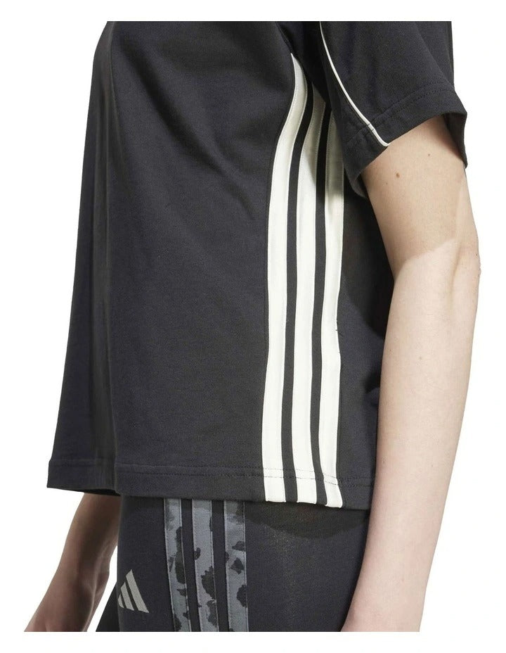 Adidas Stadium Stripes T-shirt in Black with 3-Stripes detail, loose fit, and soft cotton jersey fabric