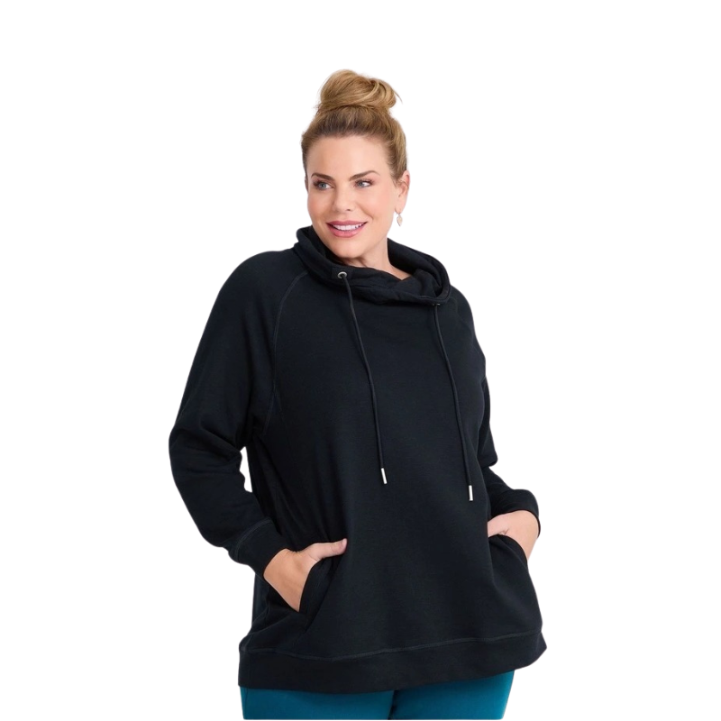 Taking Shape Drawstring Collar Sweater in Black – plus size women’s French terry pullover with high collar, drawstrings, side pockets and long sleeves