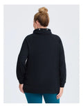 Taking Shape Drawstring Collar Sweater in Black – plus size women’s French terry pullover with high collar, drawstrings, side pockets and long sleeves