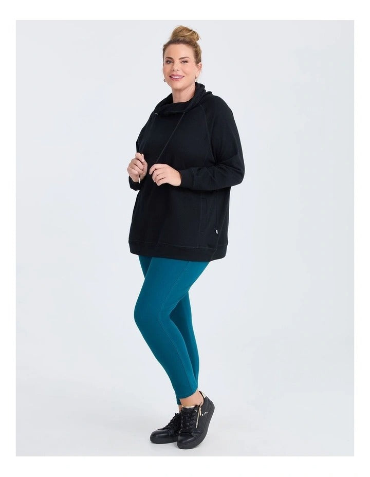 Taking Shape Drawstring Collar Sweater in Black – plus size women’s French terry pullover with high collar, drawstrings, side pockets and long sleeves