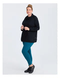 Taking Shape Drawstring Collar Sweater in Black – plus size women’s French terry pullover with high collar, drawstrings, side pockets and long sleeves