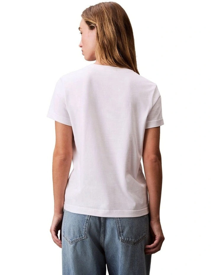 Calvin Klein Jeans archive logo t-shirt in brilliant white with relaxed fit, crew neckline, short sleeves and embroidered logo at chest