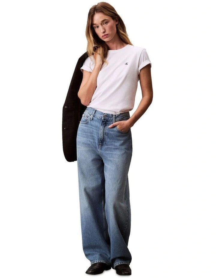 Calvin Klein Jeans archive logo t-shirt in brilliant white with relaxed fit, crew neckline, short sleeves and embroidered logo at chest