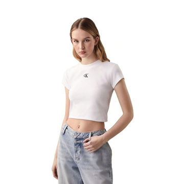 Calvin Klein Jeans white ribbed baby tee with short sleeves, crew neck, cropped fit, and Calvin Klein logo graphic on chest