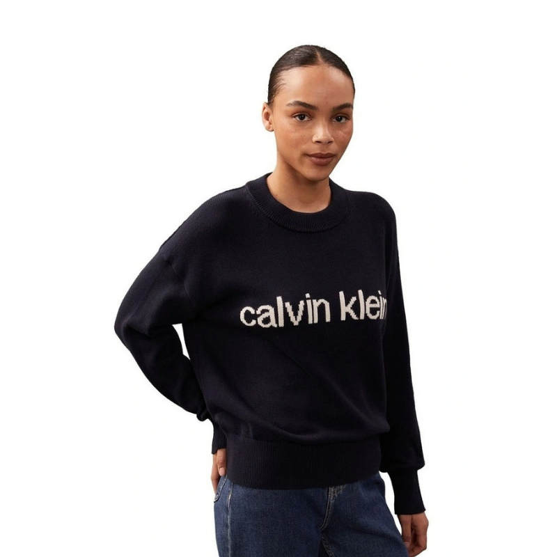 Calvin Klein Jeans navy cotton graphic pullover jumper with long sleeves, crew neck, regular fit, and logo across chest