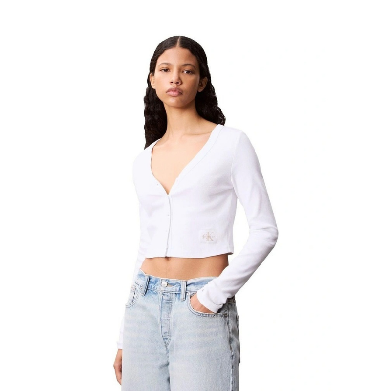 Calvin Klein Jeans white ribbed cotton stretch cardigan with slim fit, long sleeves, V-neckline, front button closure and woven monogram logo label
