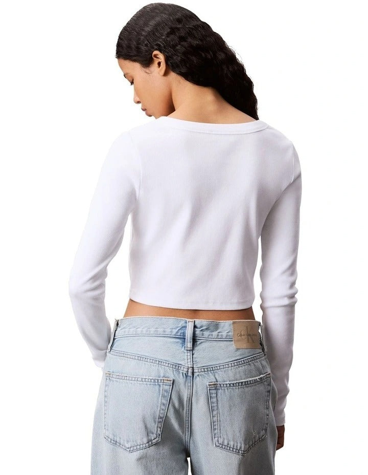 Calvin Klein Jeans white ribbed cotton stretch cardigan with slim fit, long sleeves, V-neckline, front button closure and woven monogram logo label