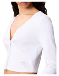 Calvin Klein Jeans white ribbed cotton stretch cardigan with slim fit, long sleeves, V-neckline, front button closure and woven monogram logo label