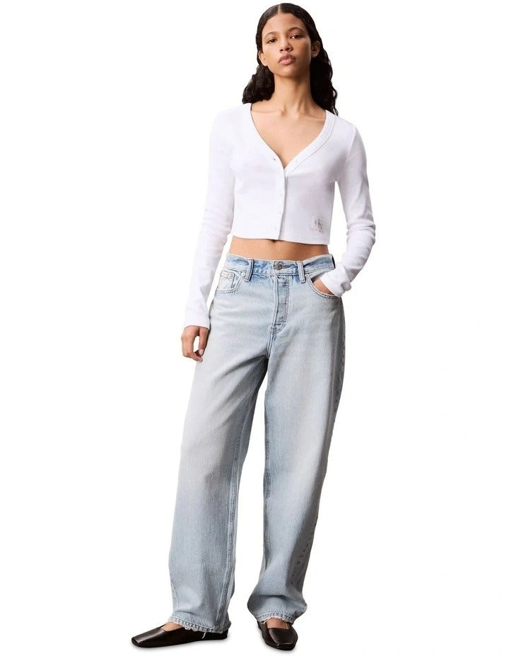 Calvin Klein Jeans white ribbed cotton stretch cardigan with slim fit, long sleeves, V-neckline, front button closure and woven monogram logo label