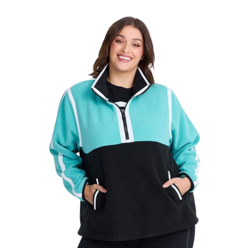 Taking Shape Active Polar Fleece Top Black and Aruba Blue – plus size women’s half zip fleece with high neckline, side pockets, and Heribong tape detail
