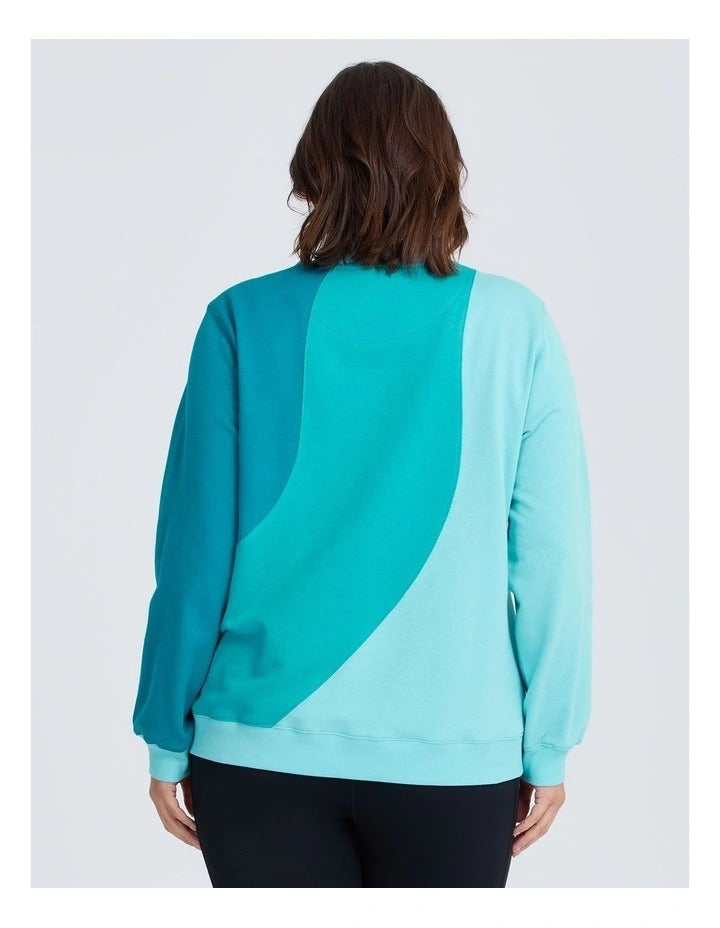 Taking Shape Active Cotton Spliced Sweatshirt in Deep Peacock Multi with wave design and ribbed cuffs