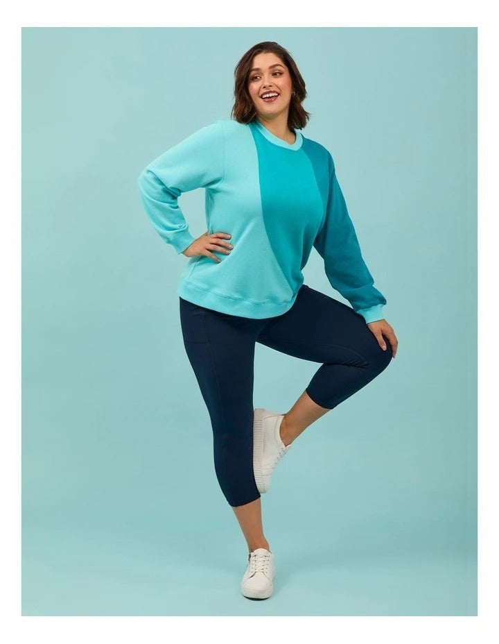 Taking Shape Active Cotton Spliced Sweatshirt in Deep Peacock Multi with wave design and ribbed cuffs