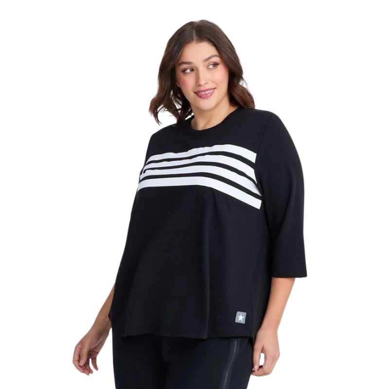 Taking Shape Active Cotton Stripe Top in Black with round hemline and 3/4 sleeves