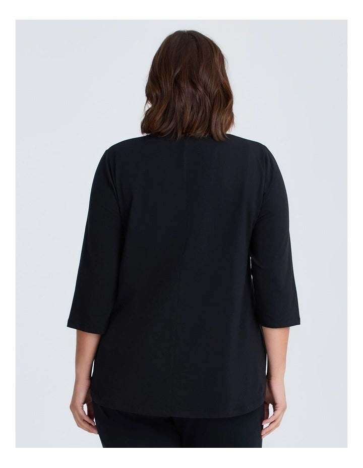 Taking Shape Active Cotton Stripe Top in Black with round hemline and 3/4 sleeves