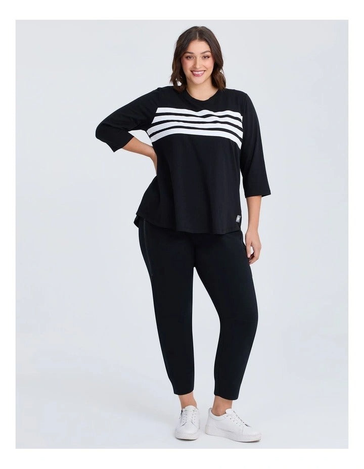 Taking Shape Active Cotton Stripe Top in Black with round hemline and 3/4 sleeves