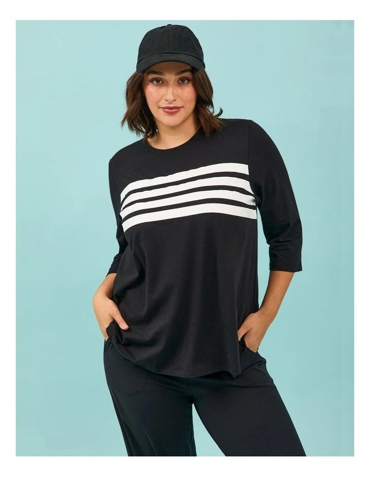 Taking Shape Active Cotton Stripe Top in Black with round hemline and 3/4 sleeves