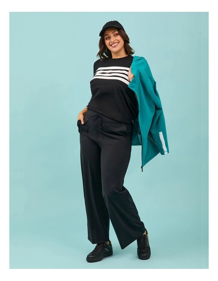 Taking Shape Active Cotton Stripe Top in Black with round hemline and 3/4 sleeves