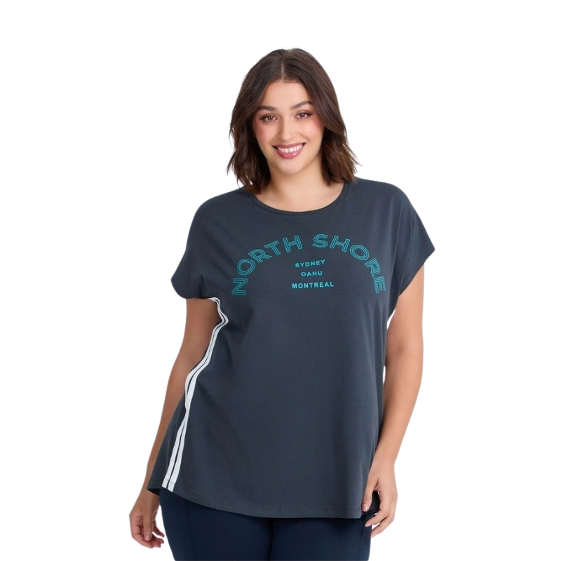 Taking Shape Cotton Active Graphic T-Shirt Graphite – plus size women’s tee with California print, round neck, short sleeves and knit side trim