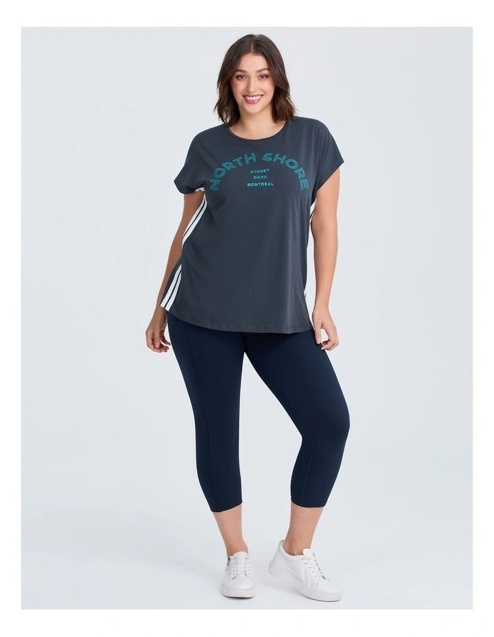 Taking Shape Cotton Active Graphic T-Shirt Graphite – plus size women’s tee with California print, round neck, short sleeves and knit side trim