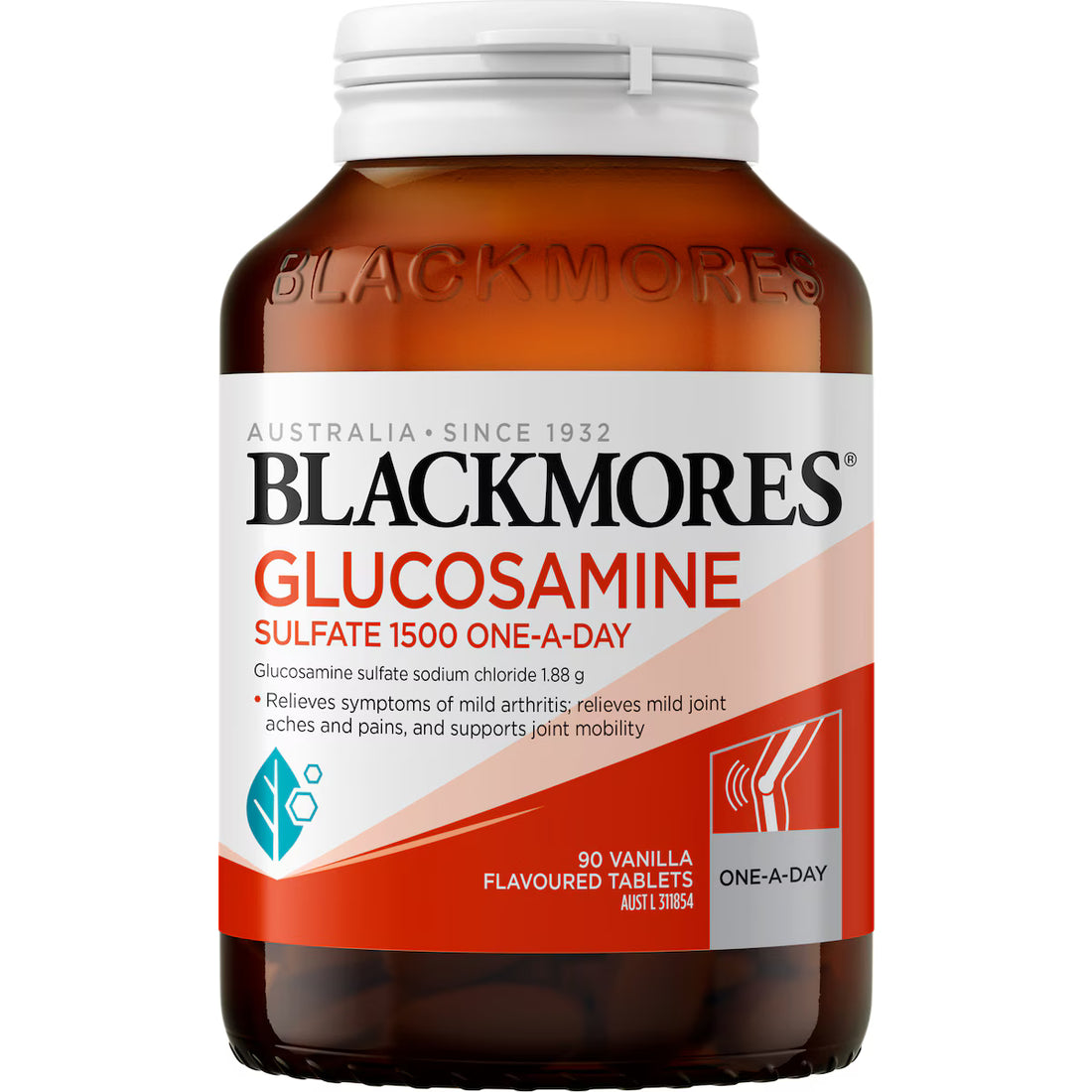 Blackmores Glucosamine Sulfate 1500 One-A-Day Vanilla Tablets 90 pack, designed to support joint health and mobility with a convenient daily dosage in a vanilla-flavored tablet form.