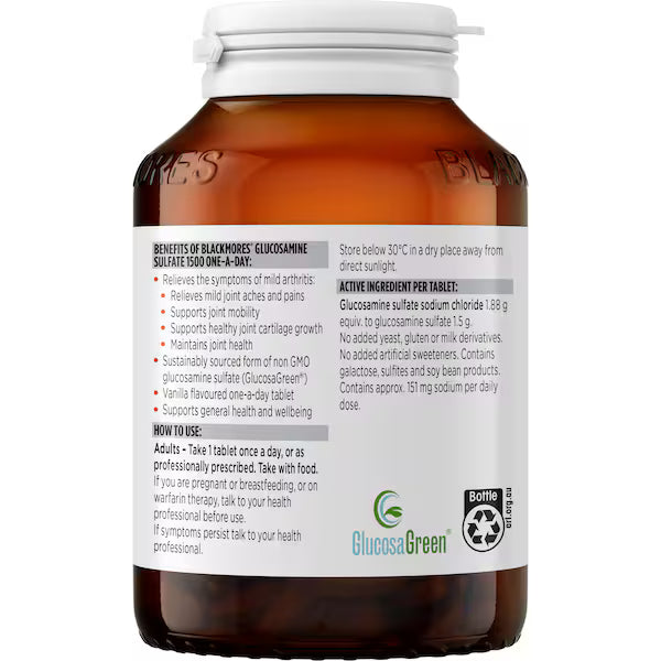 Blackmores Glucosamine Sulfate 1500 One-A-Day Vanilla Tablets 90 pack, designed to support joint health and mobility with a convenient daily dosage in a vanilla-flavored tablet form.