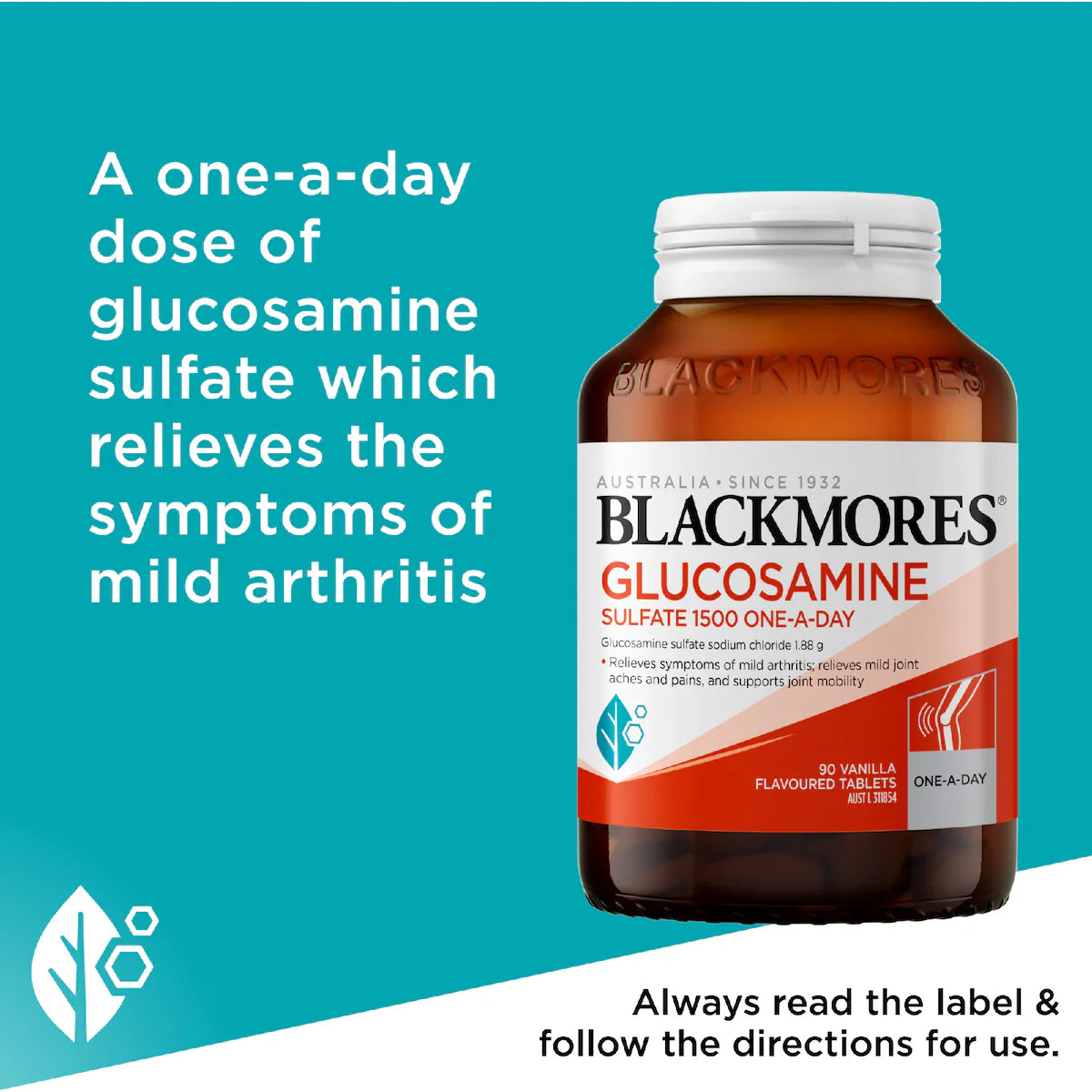 Blackmores Glucosamine Sulfate 1500 One-A-Day Vanilla Tablets 90 pack, designed to support joint health and mobility with a convenient daily dosage in a vanilla-flavored tablet form.