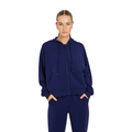 Rockwear Travel Zip Through Hoodie in Blue, featuring a relaxed fit, hip-length silhouette, and side pockets for a cozy, stylish look.