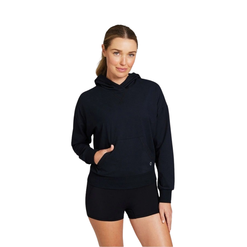 Rockwear Comfort Touch Long Sleeve Hoodie in Black, women's relaxed fit hoodie with soft interior, hip-length design, and hood for cozy athleisure style.