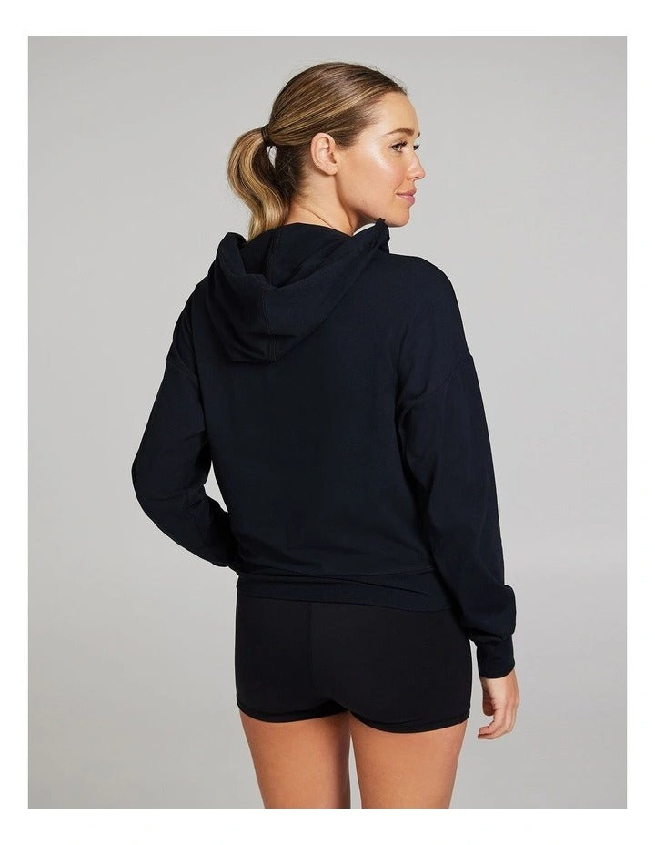 Rockwear Comfort Touch Long Sleeve Hoodie in Black, women's relaxed fit hoodie with soft interior, hip-length design, and hood for cozy athleisure style.